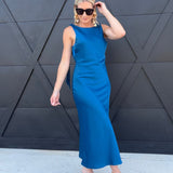 Solid Satin Cowl Back Sleeveless Bow Midi Dress In Cobalt - Infinity Raine