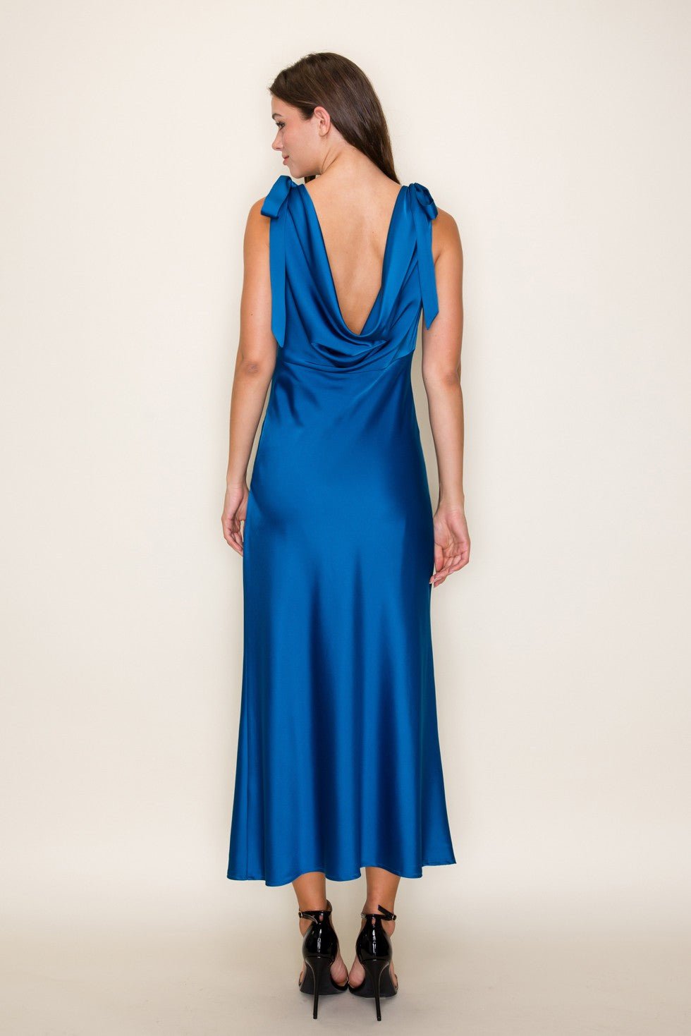 Solid Satin Cowl Back Sleeveless Bow Midi Dress In Cobalt - Infinity Raine