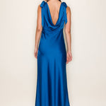 Solid Satin Cowl Back Sleeveless Bow Midi Dress In Cobalt - Infinity Raine