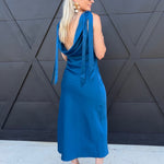 Solid Satin Cowl Back Sleeveless Bow Midi Dress In Cobalt - Infinity Raine