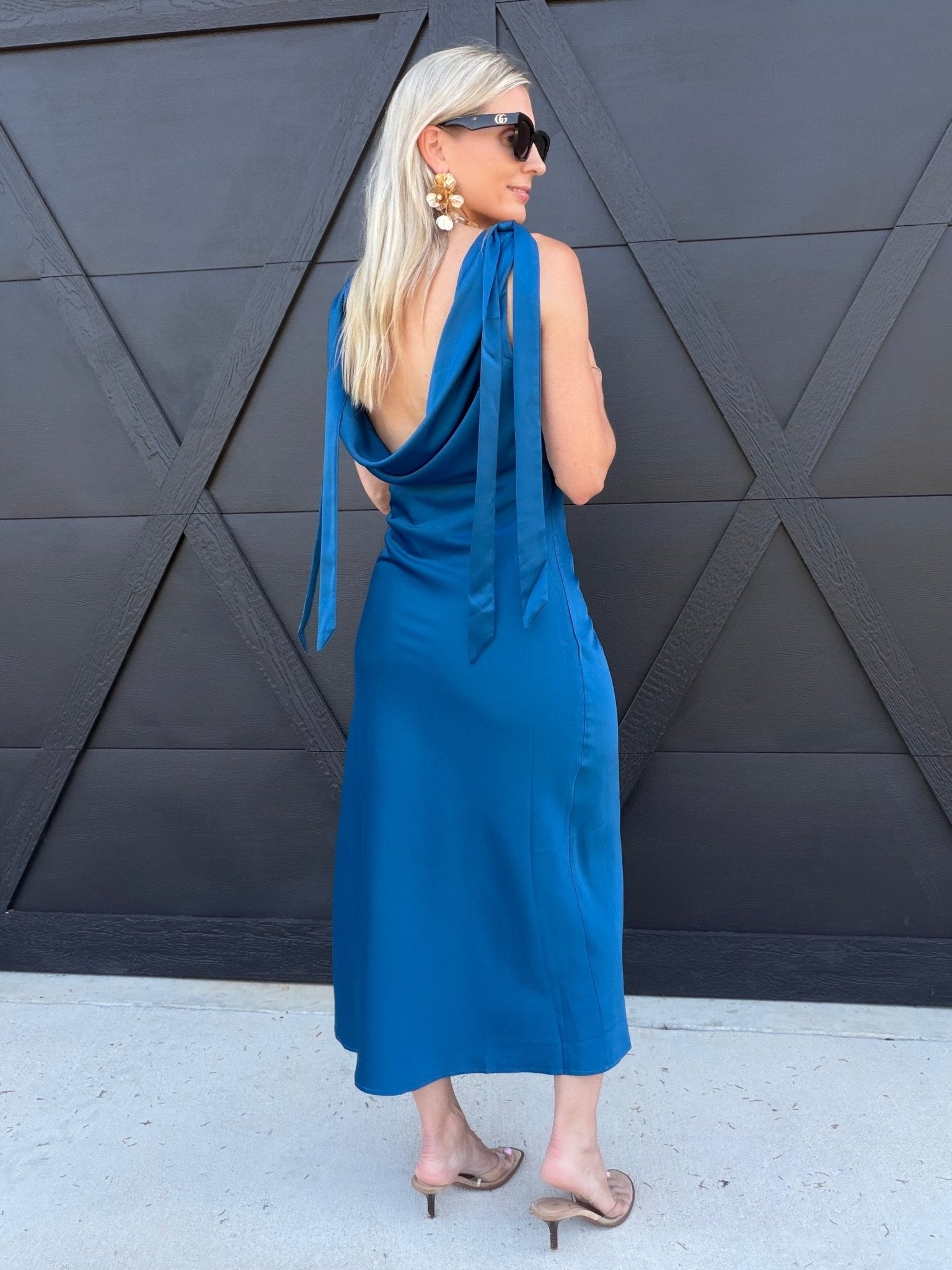 Solid Satin Cowl Back Sleeveless Bow Midi Dress In Cobalt - Infinity Raine