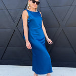 Solid Satin Cowl Back Sleeveless Bow Midi Dress In Cobalt - Infinity Raine
