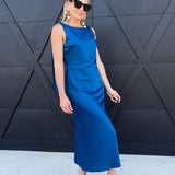Solid Satin Cowl Back Sleeveless Bow Midi Dress In Cobalt - Infinity Raine