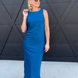 Solid Satin Cowl Back Sleeveless Bow Midi Dress In Cobalt - Infinity Raine