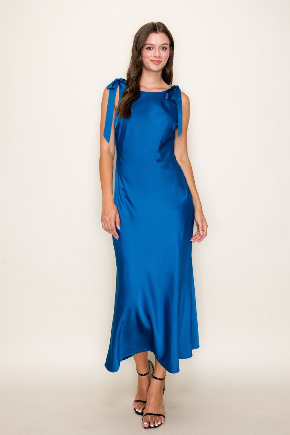 Solid Satin Cowl Back Sleeveless Bow Midi Dress In Cobalt - Infinity Raine