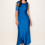 Solid Satin Cowl Back Sleeveless Bow Midi Dress In Cobalt - Infinity Raine