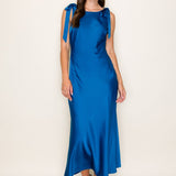 Solid Satin Cowl Back Sleeveless Bow Midi Dress In Cobalt - Infinity Raine