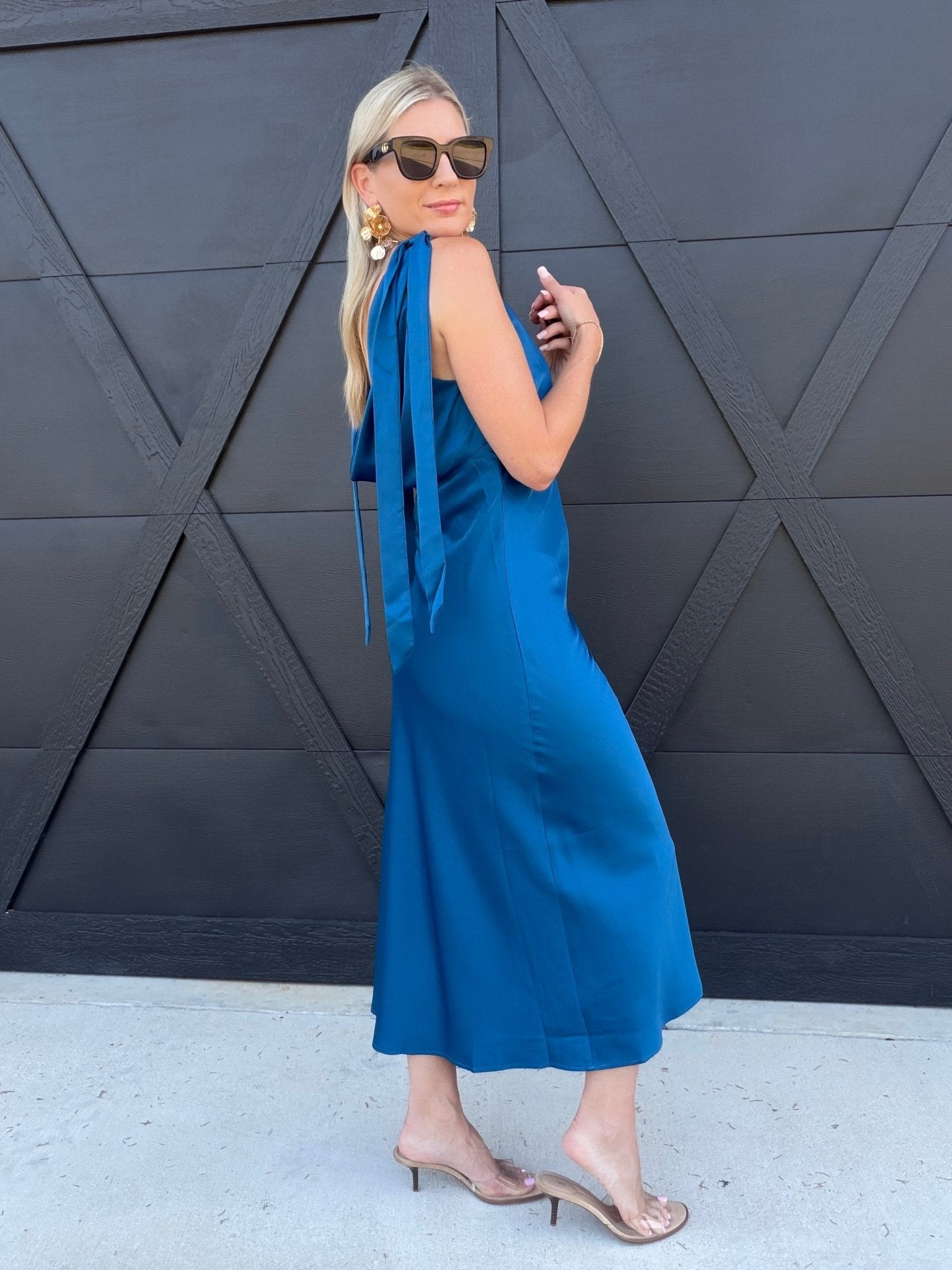 Solid Satin Cowl Back Sleeveless Bow Midi Dress In Cobalt - Infinity Raine
