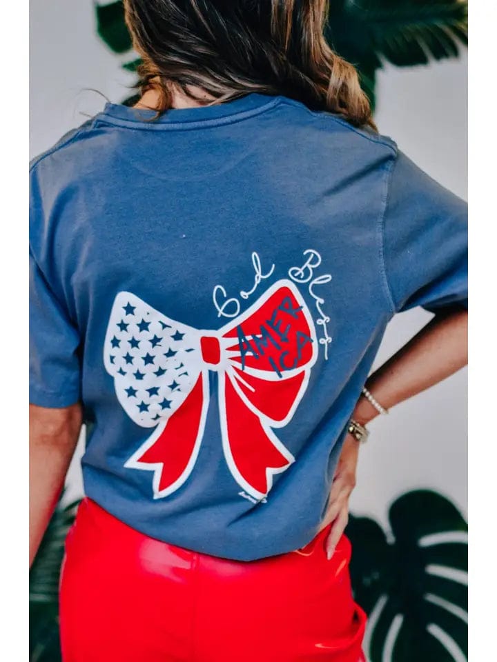 Southern Bliss Company Tops - Tees God Bless America Bow Tee In Denim Blue