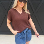 Split Neck Batwing Sleeveless Knit Sweater Brown - Infinity Raine