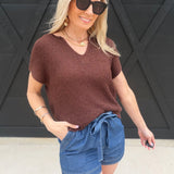 Split Neck Batwing Sleeveless Knit Sweater Brown - Infinity Raine