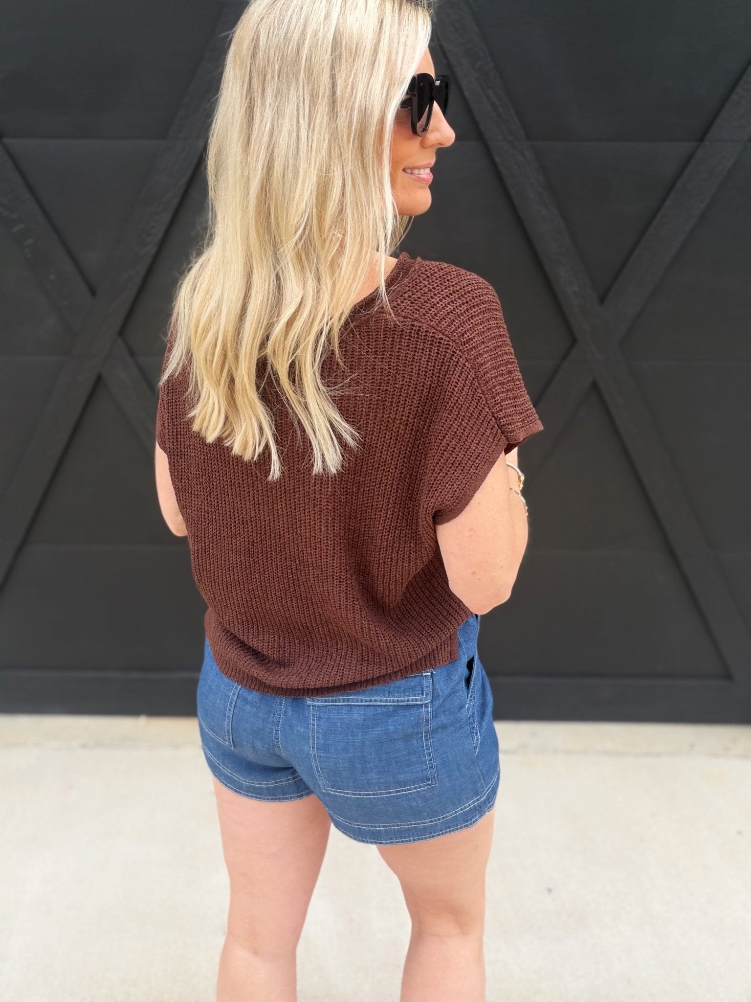Split Neck Batwing Sleeveless Knit Sweater Brown - Infinity Raine