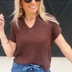 Split Neck Batwing Sleeveless Knit Sweater Brown - Infinity Raine