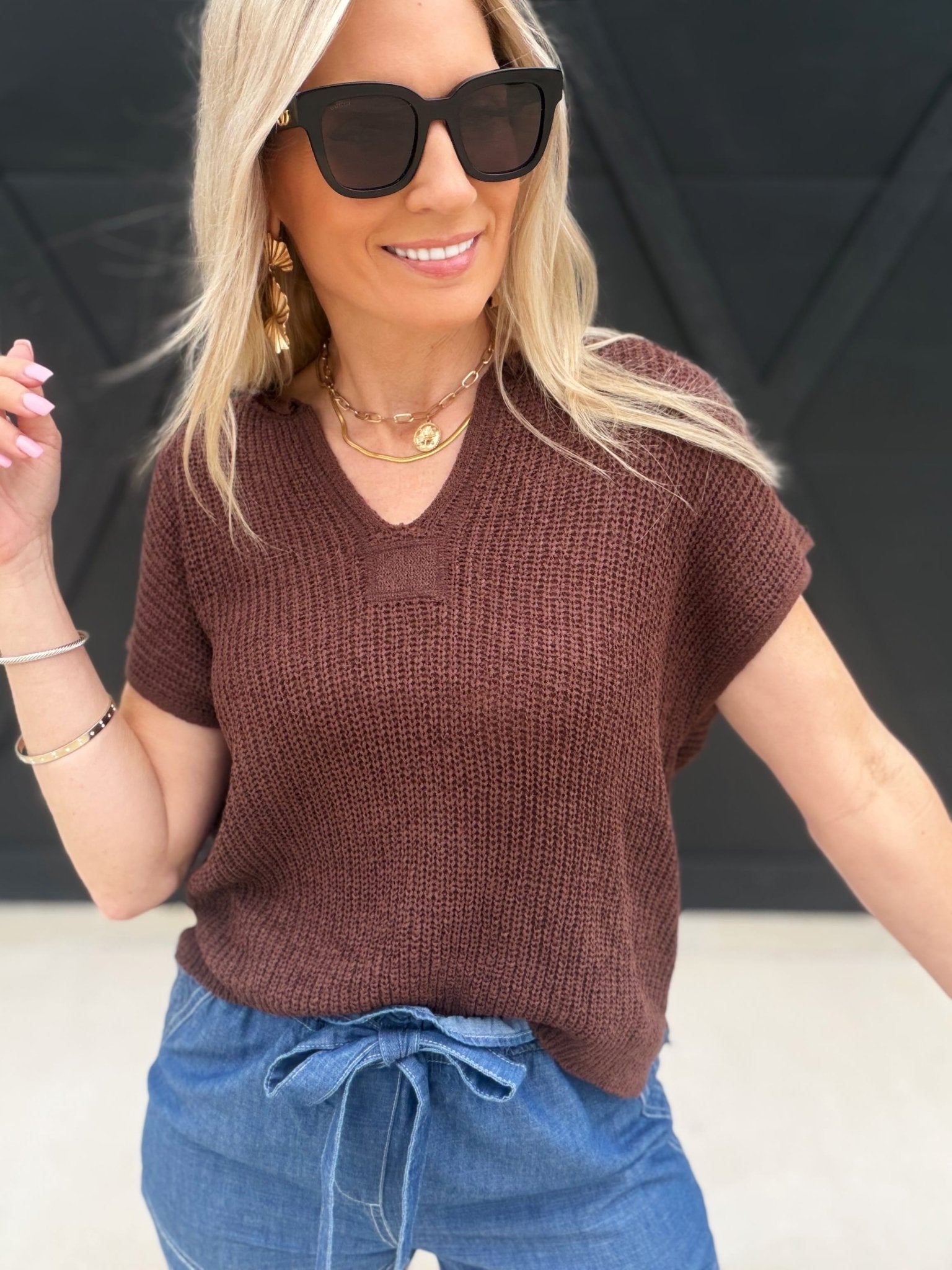 Split Neck Batwing Sleeveless Knit Sweater Brown - Infinity Raine