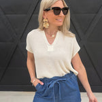 Split Neck Batwing Sleeveless Knit Sweater Cream - Infinity Raine