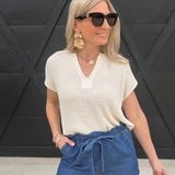 Split Neck Batwing Sleeveless Knit Sweater Cream - Infinity Raine