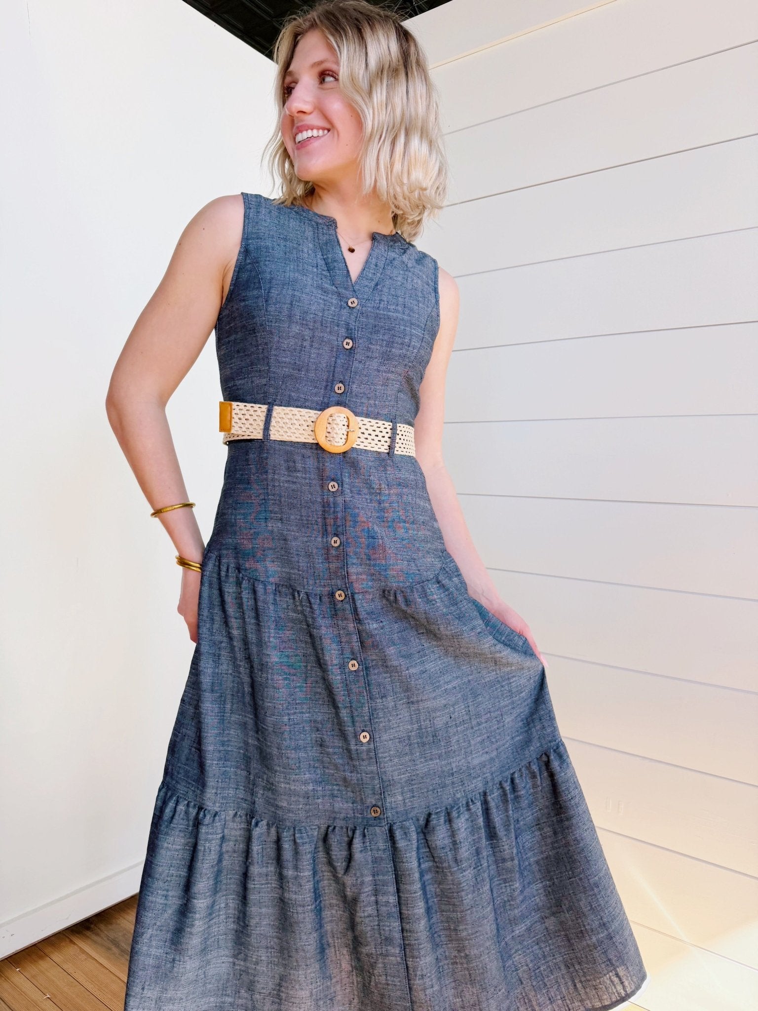 Split Neck Tiered Denim Dress In Navy - Infinity Raine
