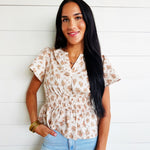 Split Neckline Short Bell Sleeve Shirred Waist Textured Floral Top - Infinity Raine