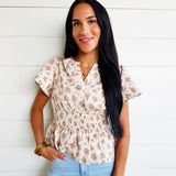 Split Neckline Short Bell Sleeve Shirred Waist Textured Floral Top - Infinity Raine