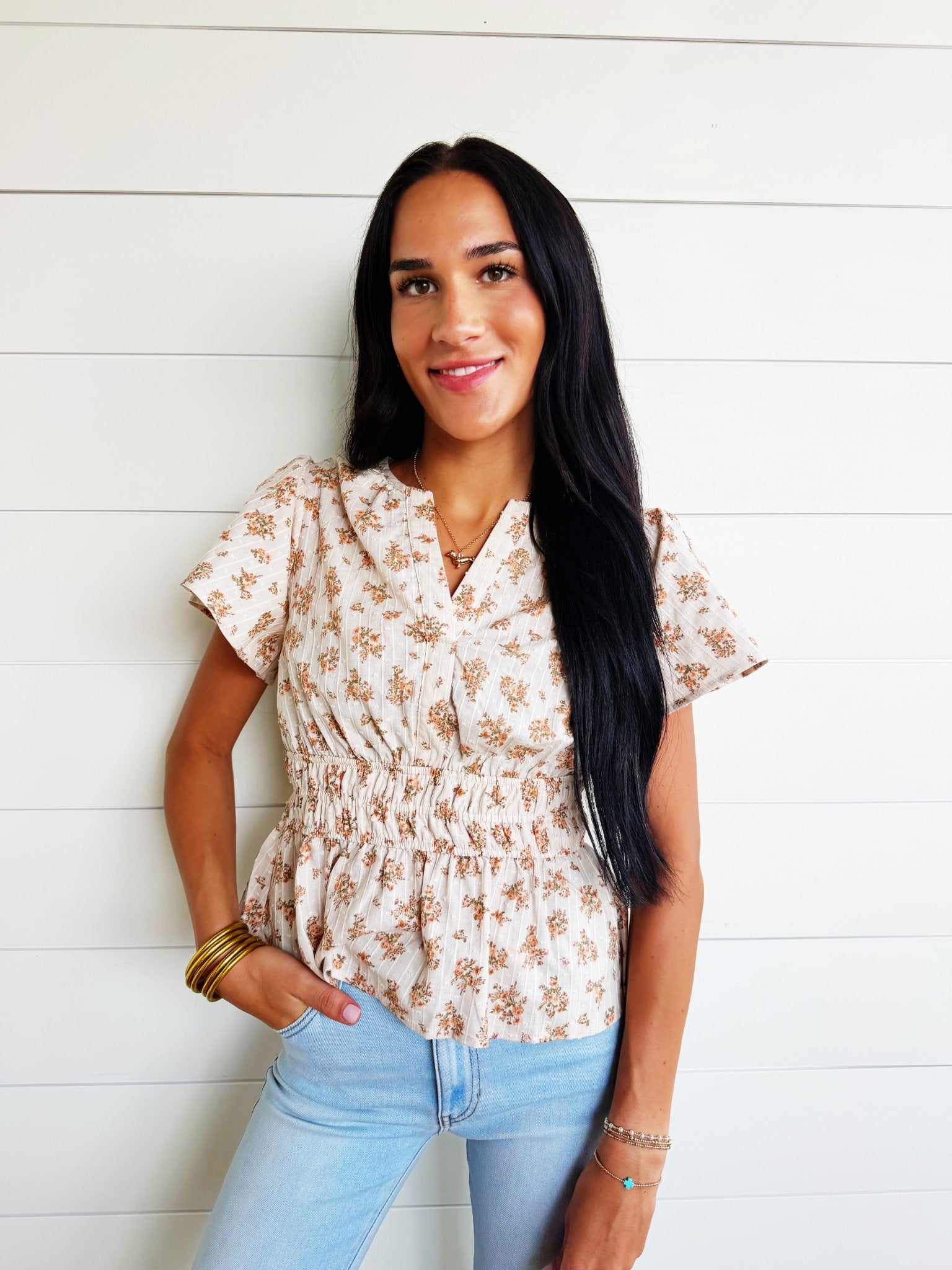 Split Neckline Short Bell Sleeve Shirred Waist Textured Floral Top - Infinity Raine
