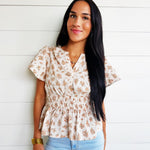Split Neckline Short Bell Sleeve Shirred Waist Textured Floral Top - Infinity Raine