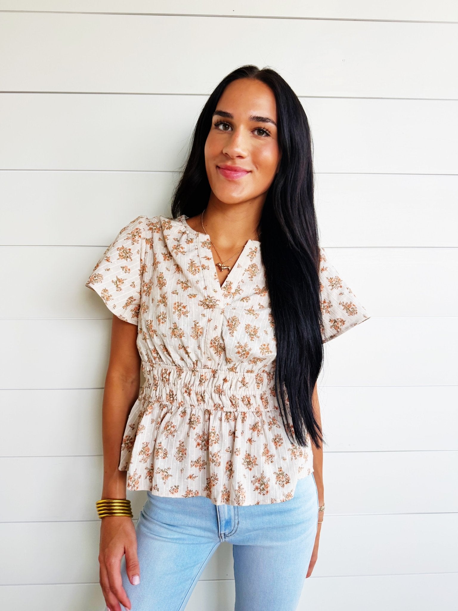 Split Neckline Short Bell Sleeve Shirred Waist Textured Floral Top - Infinity Raine