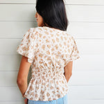 Split Neckline Short Bell Sleeve Shirred Waist Textured Floral Top - Infinity Raine