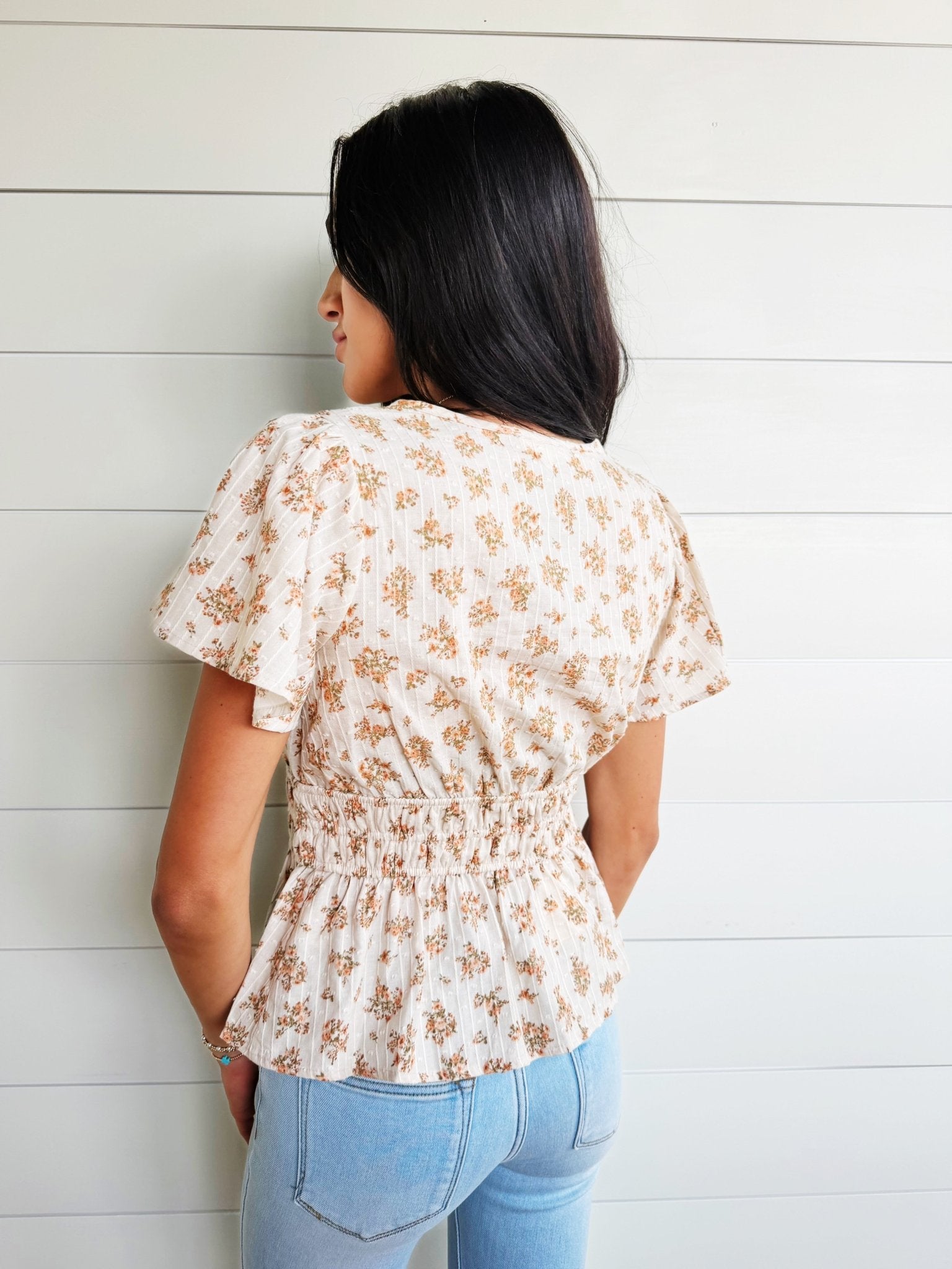 Split Neckline Short Bell Sleeve Shirred Waist Textured Floral Top - Infinity Raine