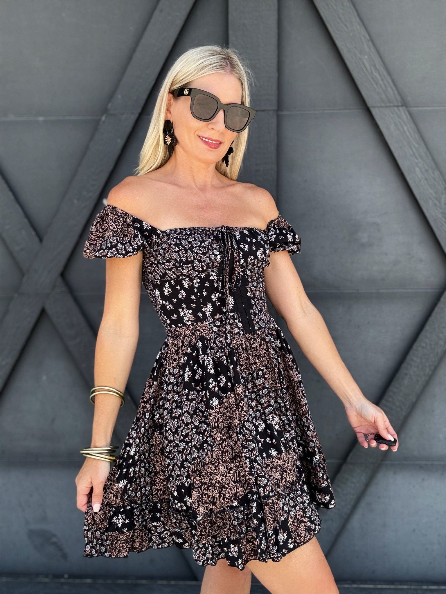 Square Neck Floral Corset Dress Black - Infinity Raine