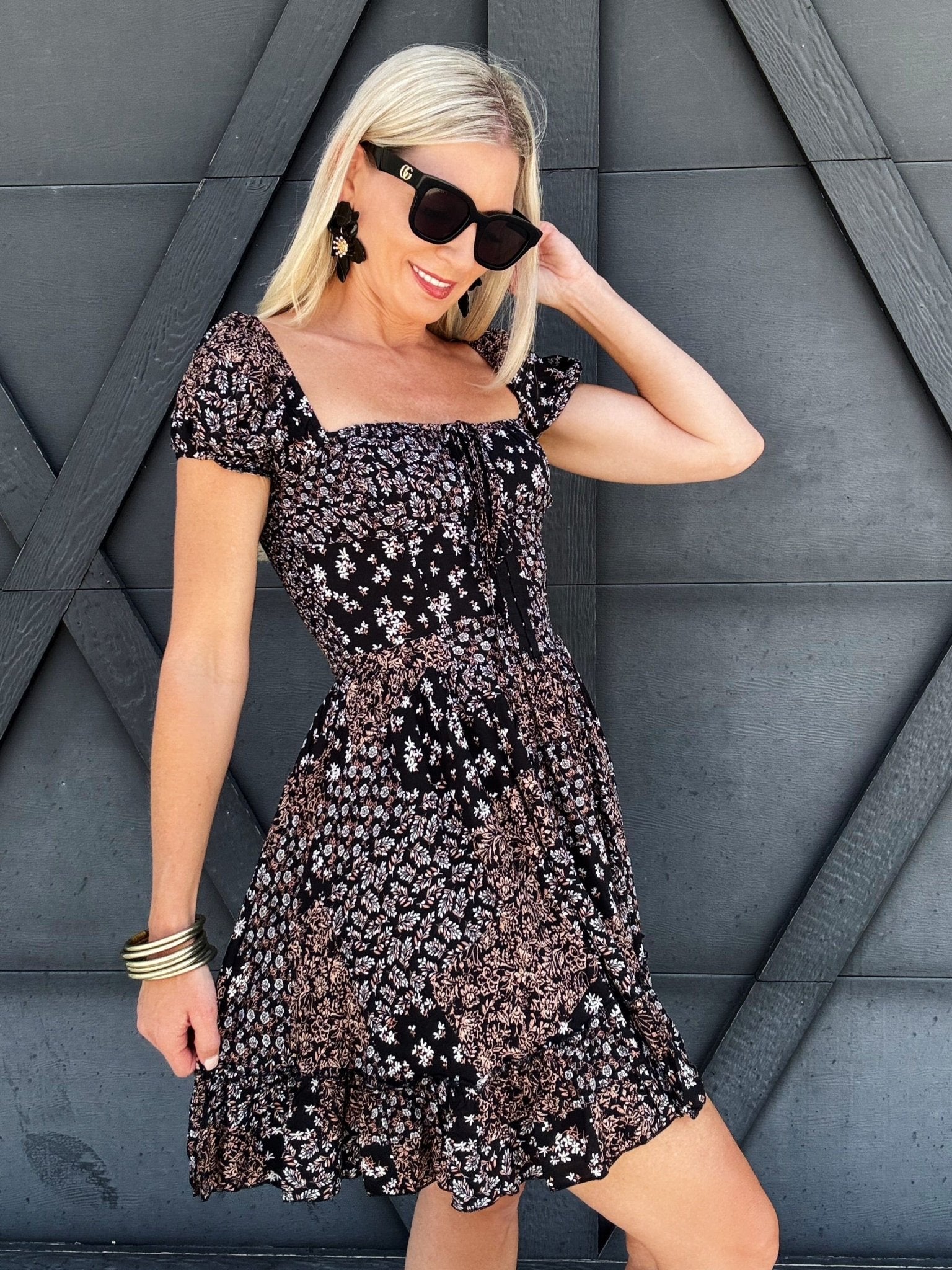 Square Neck Floral Corset Dress Black - Infinity Raine