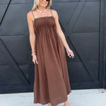 Square Neck Pintuck Midi Sundress in Brown - Infinity Raine