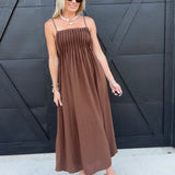 Square Neck Pintuck Midi Sundress in Brown - Infinity Raine