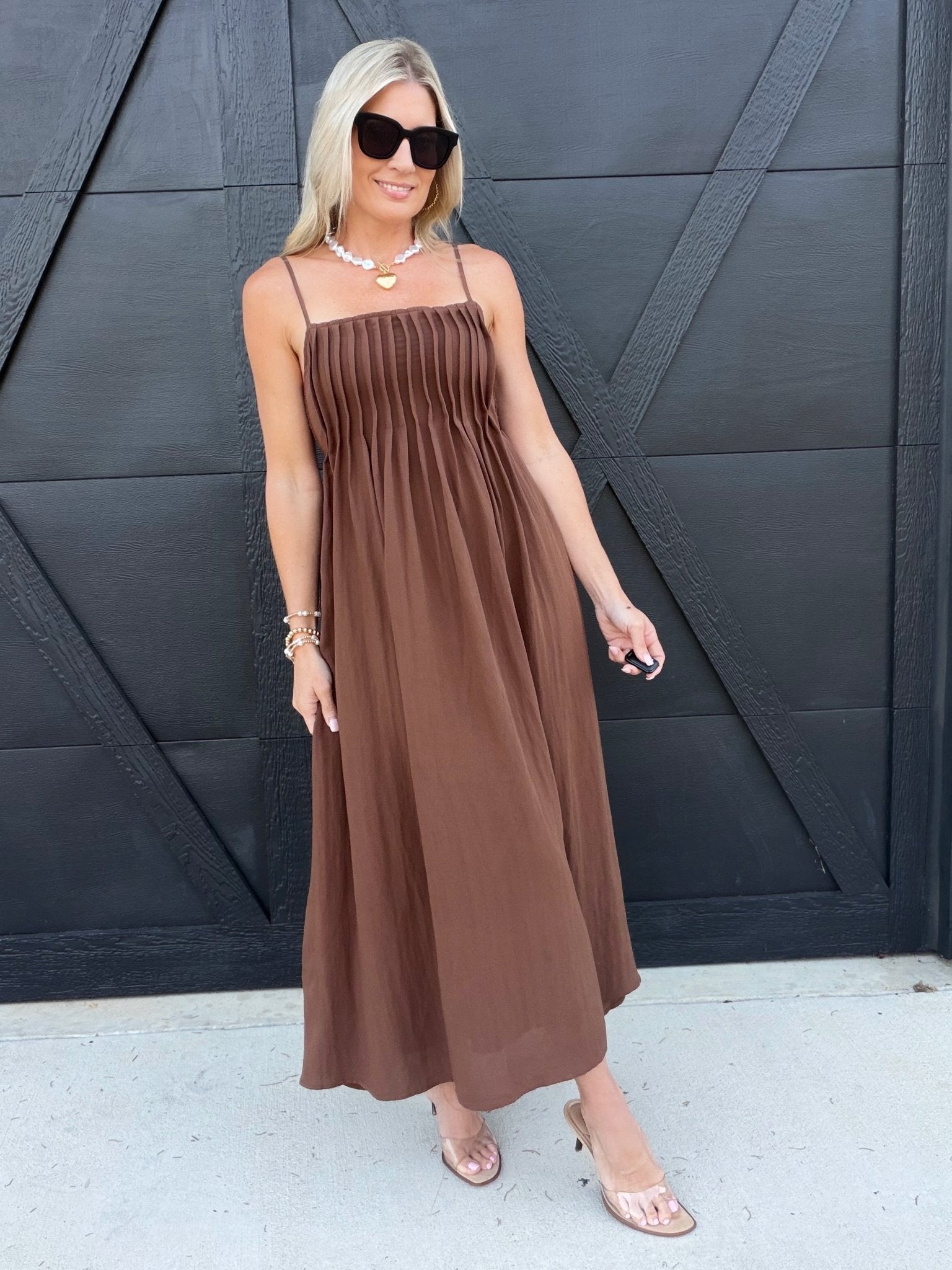 Square Neck Pintuck Midi Sundress in Brown