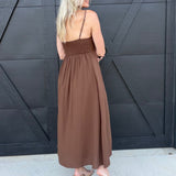 Square Neck Pintuck Midi Sundress in Brown - Infinity Raine
