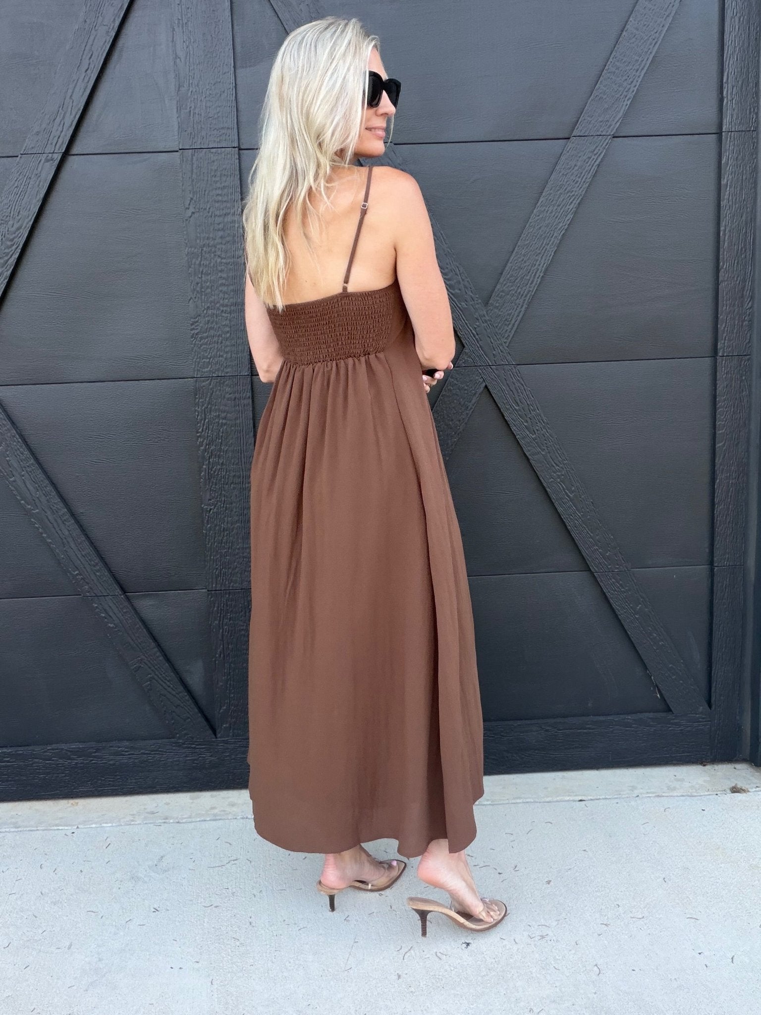 Square Neck Pintuck Midi Sundress in Brown - Infinity Raine