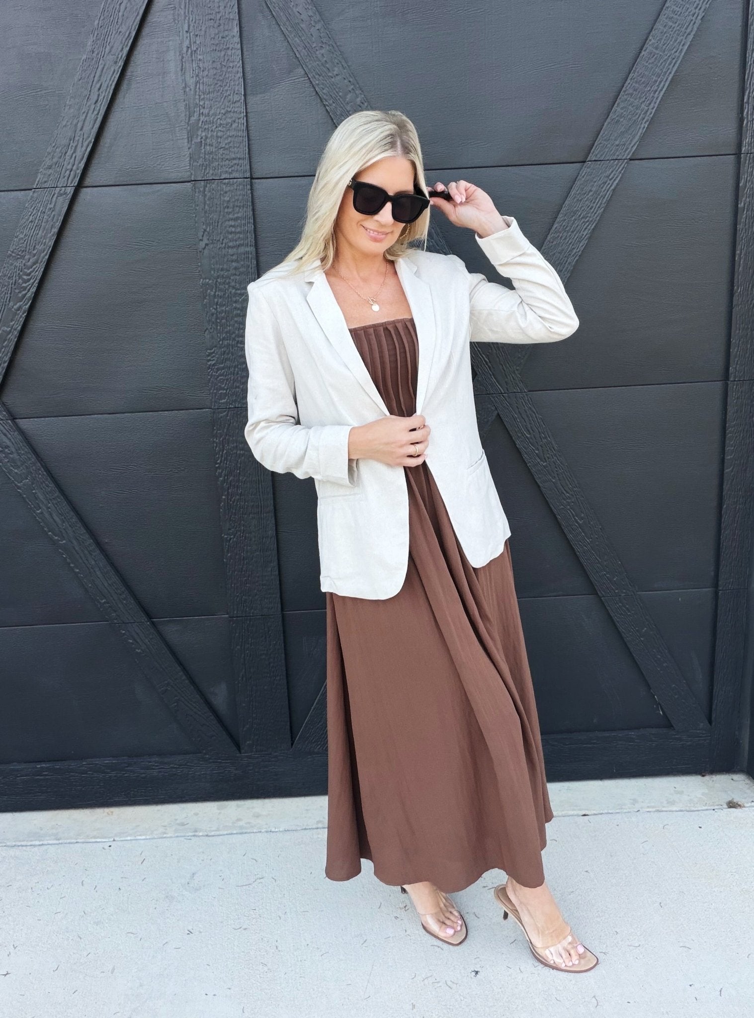Square Neck Pintuck Midi Sundress in Brown - Infinity Raine