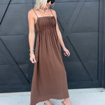 Square Neck Pintuck Midi Sundress in Brown - Infinity Raine