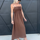 Square Neck Pintuck Midi Sundress in Brown - Infinity Raine