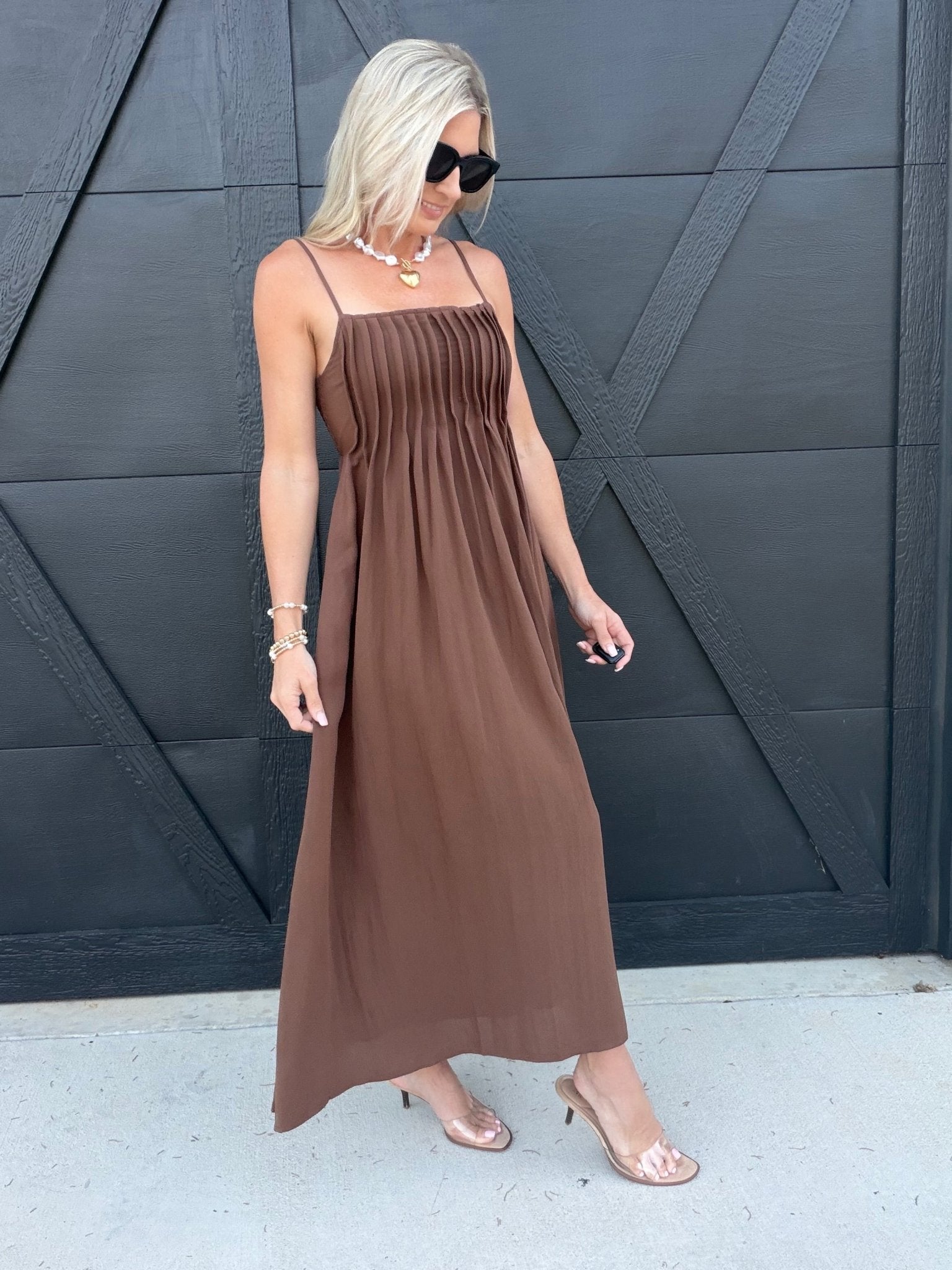 Square Neck Pintuck Midi Sundress in Brown - Infinity Raine