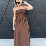 Square Neck Pintuck Midi Sundress in Brown - Infinity Raine