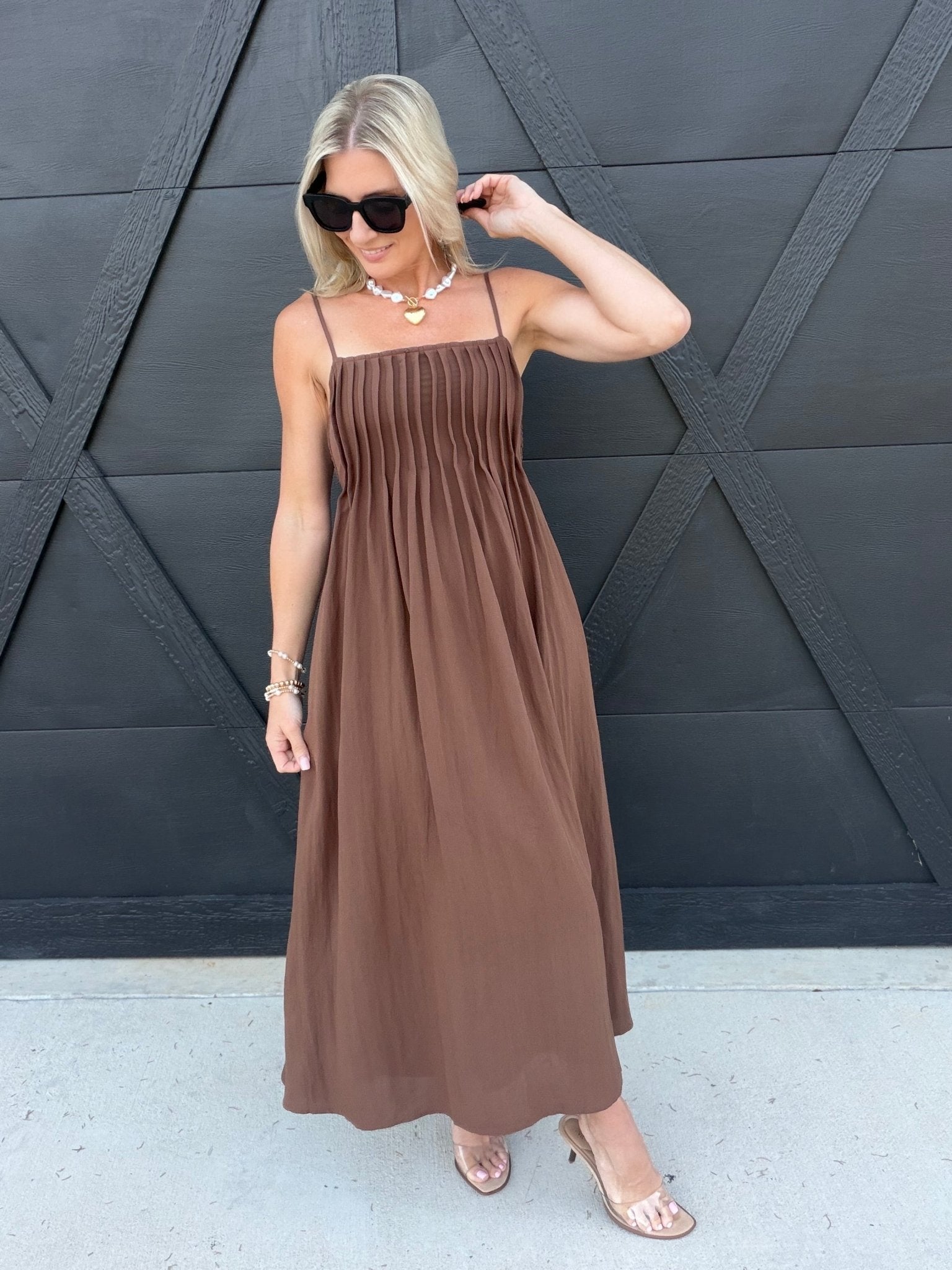 Square Neck Pintuck Midi Sundress in Brown - Infinity Raine