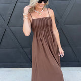 Square Neck Pintuck Midi Sundress in Brown - Infinity Raine
