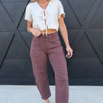 Square Patch Pocket Ankle-Length Barrel Jeans In Coffee - Infinity Raine