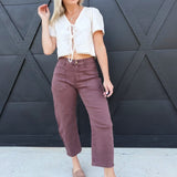 Square Patch Pocket Ankle-Length Barrel Jeans In Coffee - Infinity Raine