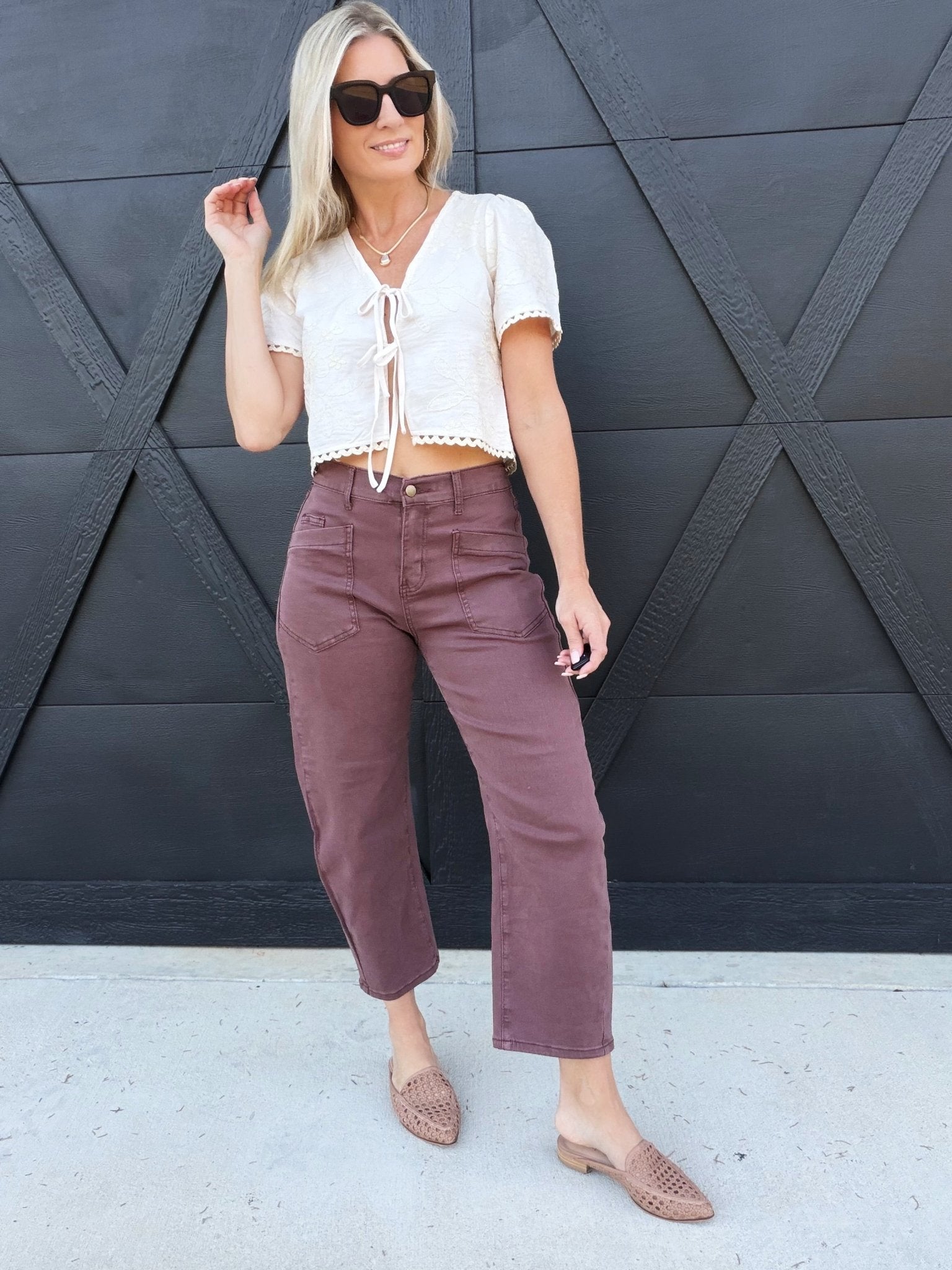 Square Patch Pocket Ankle-Length Barrel Jeans In Coffee - Infinity Raine