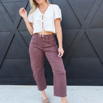Square Patch Pocket Ankle-Length Barrel Jeans In Coffee - Infinity Raine