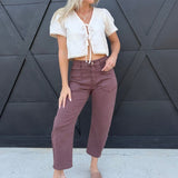 Square Patch Pocket Ankle-Length Barrel Jeans In Coffee - Infinity Raine
