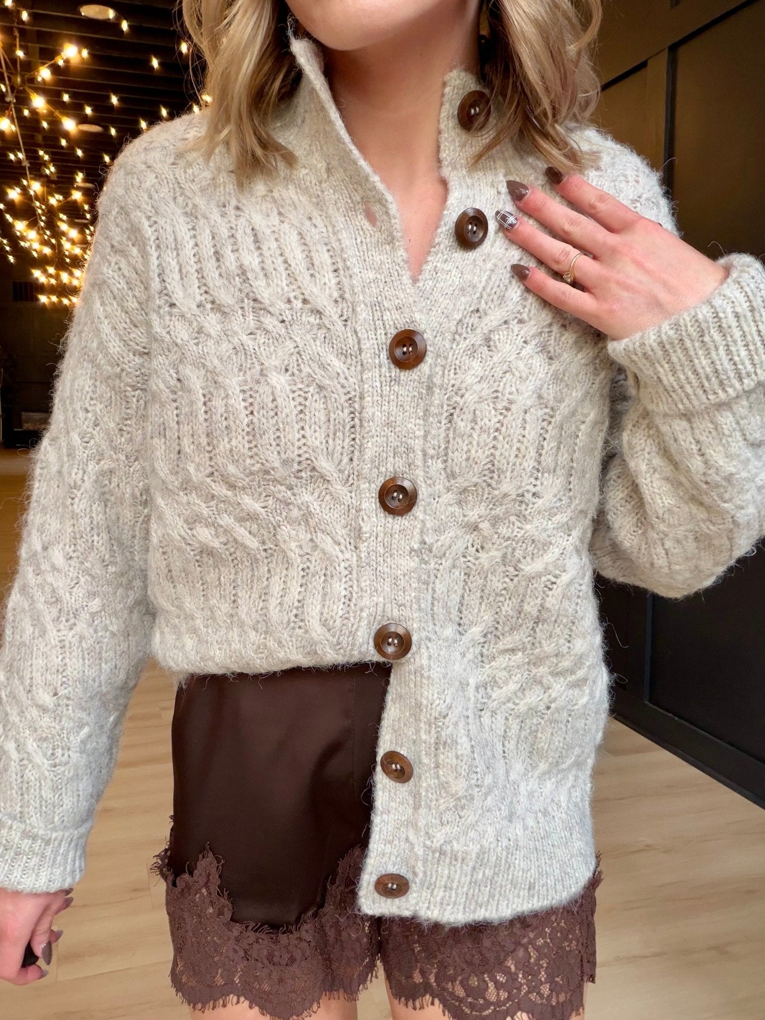 Stella Mock Neck Brushed Cardigan In White Melange - Infinity Raine