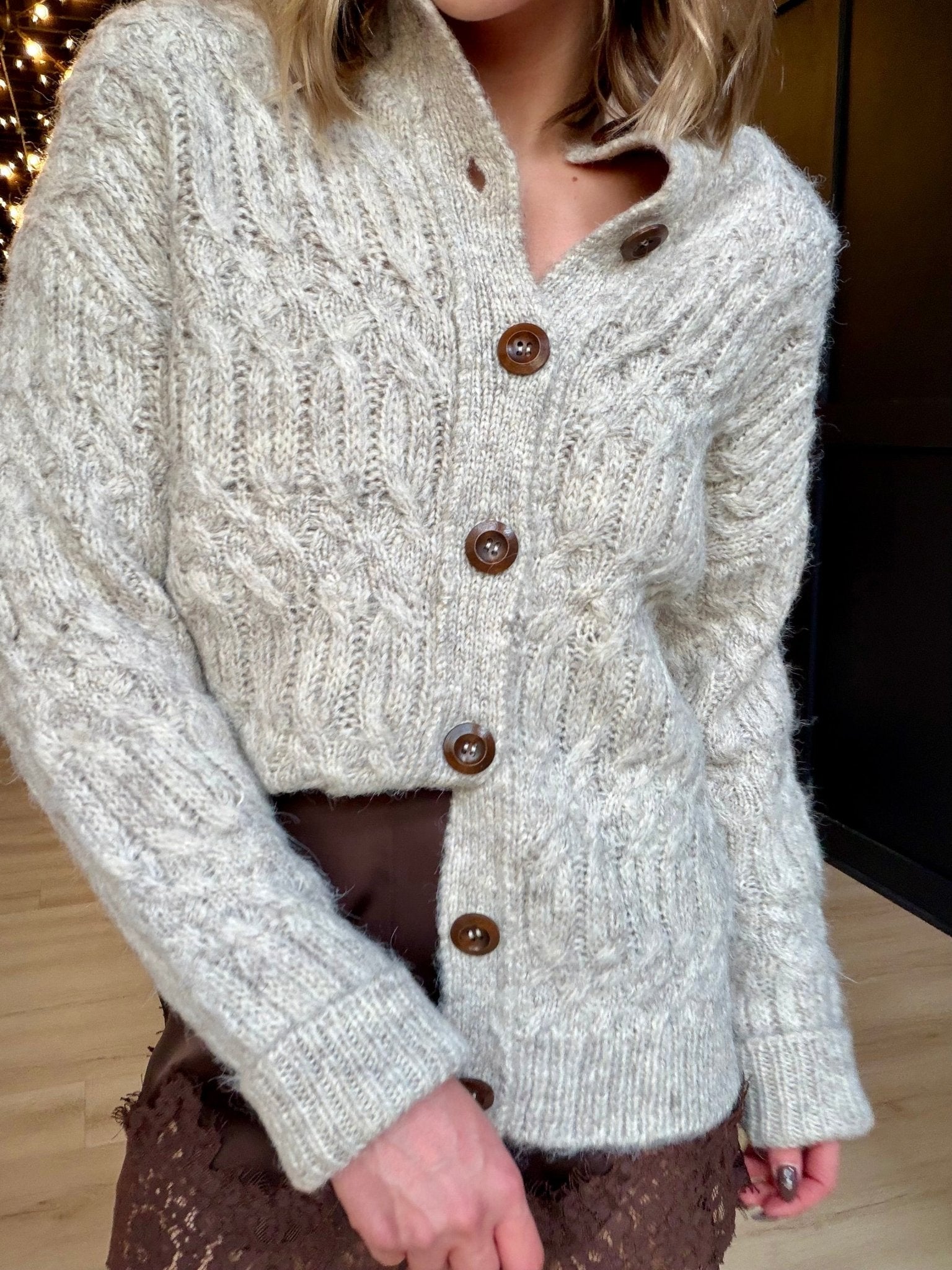 Stella Mock Neck Brushed Cardigan In White Melange - Infinity Raine