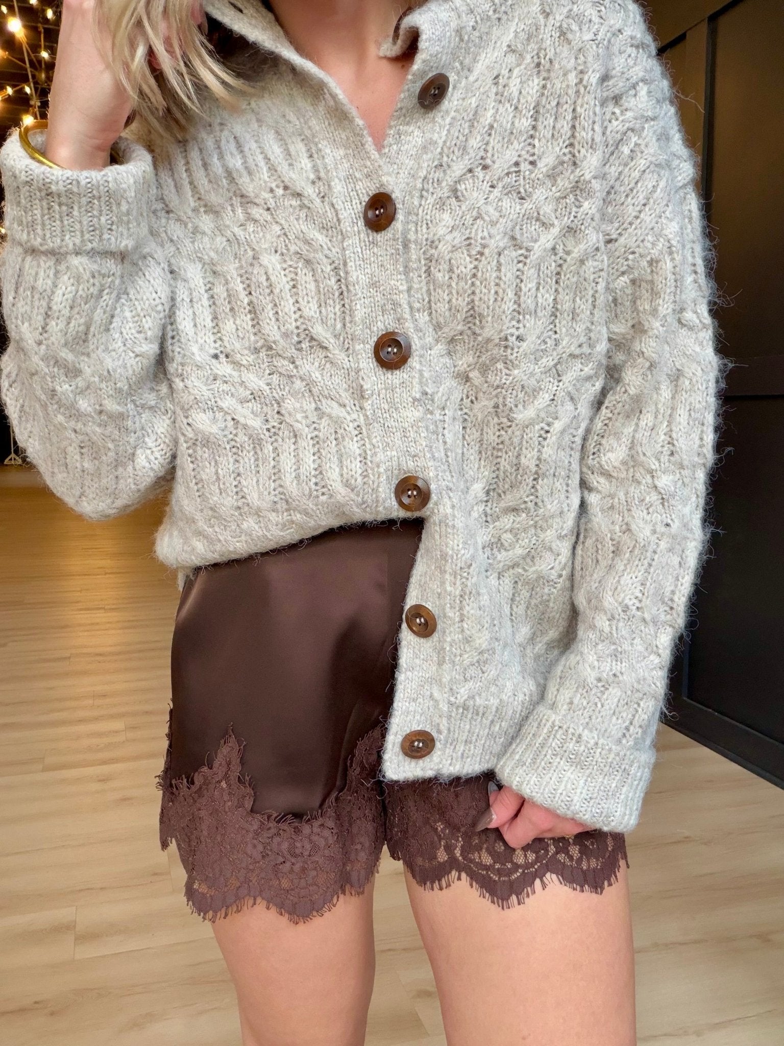 Stella Mock Neck Brushed Cardigan In White Melange - Infinity Raine